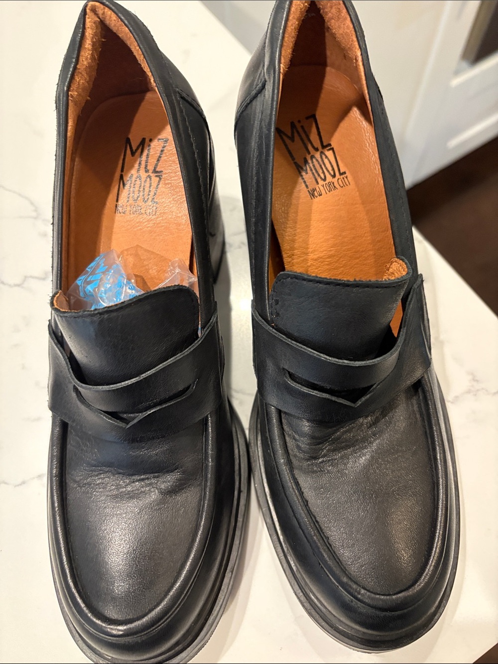 Miz Mooz Black Leather Penny Loafers with Tan Interior